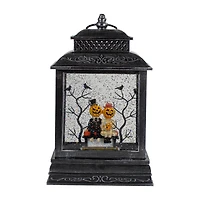 11.5" Black Lighted Halloween Snow Globe Lantern With Pumpkin Couple