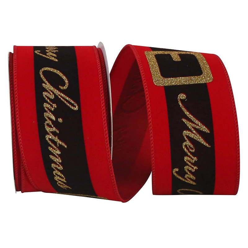 JAM Paper 2.5" x 10yd. Velvet Wired Merry Christmas Santa Belt Ribbon