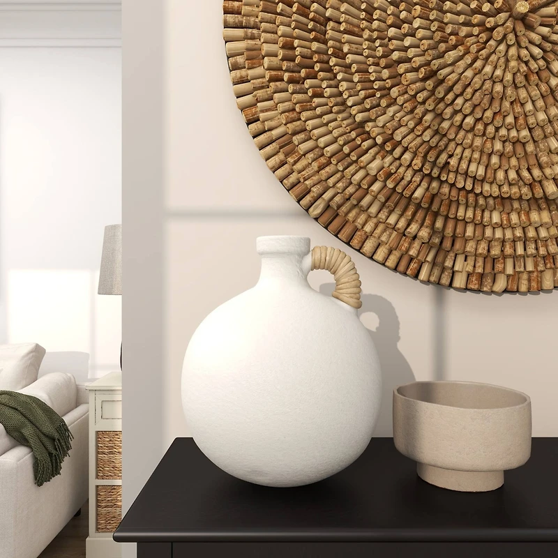 11" White Ceramic Jug Inspired Vase with Rattan Wrapped Handle