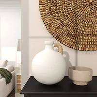 11" White Ceramic Jug Inspired Vase with Rattan Wrapped Handle