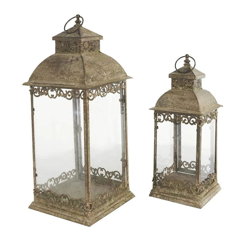 Brown Distressed Metal Candle Lantern Set