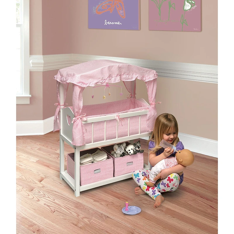 Badger Basket Pink & White Canopy Doll Crib with Baskets, Bedding & Mobile