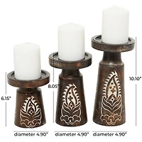 Mango Wood Round Carved Pillar Floral Candle Holder Set