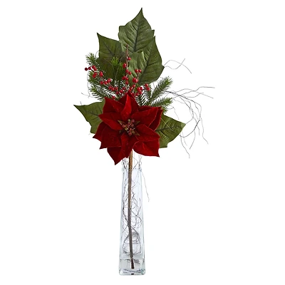 32" Poinsettia, Berries & Pine Arrangement in Glass Vase