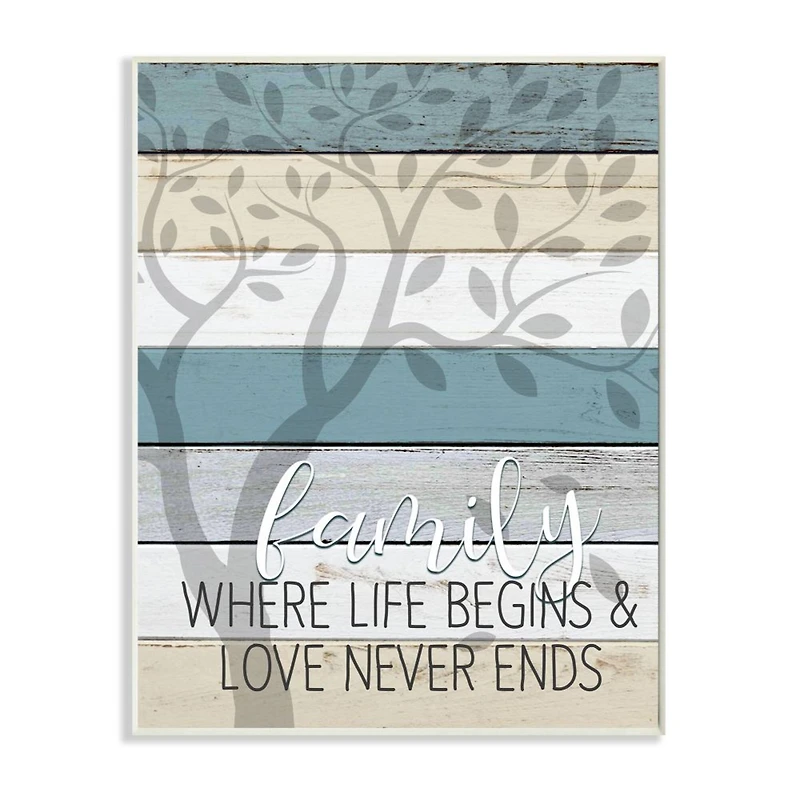 Stupell Industries Family Begin and End Quote Tree Wood Grain Blue Tan Phrase Wood Wall Plaque
