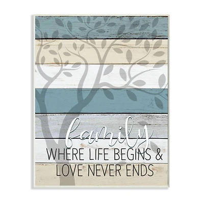 Stupell Industries Family Begin and End Quote Tree Wood Grain Blue Tan Phrase Wood Wall Plaque