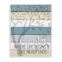 Stupell Industries Family Begin and End Quote Tree Wood Grain Blue Tan Phrase Wood Wall Plaque