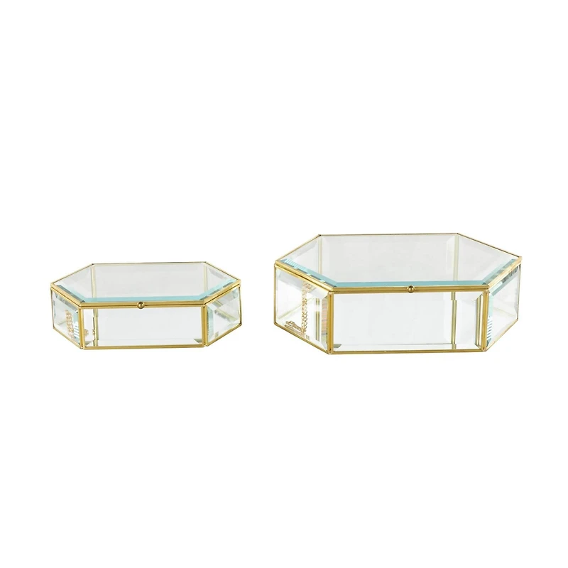 Clear & Gold Beveled Glass & Metal Wide Hexagon Jewelry Box with Chain Accent Set