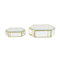 Clear & Gold Beveled Glass & Metal Wide Hexagon Jewelry Box with Chain Accent Set