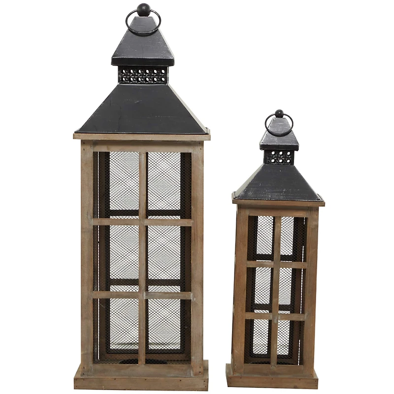 Brown Wood Lighthouse Style Candle Lantern Set