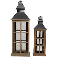 Brown Wood Lighthouse Style Candle Lantern Set