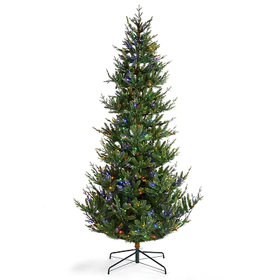 Glitzhome® 9ft Pre-Lit Green Upward Slim Fir Artificial Christmas Tree, Multicolor LED Lights