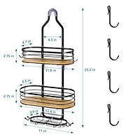 NEX™ Black Stainless Steel & Bamboo Hanging Caddy Shower Organizer with Hooks