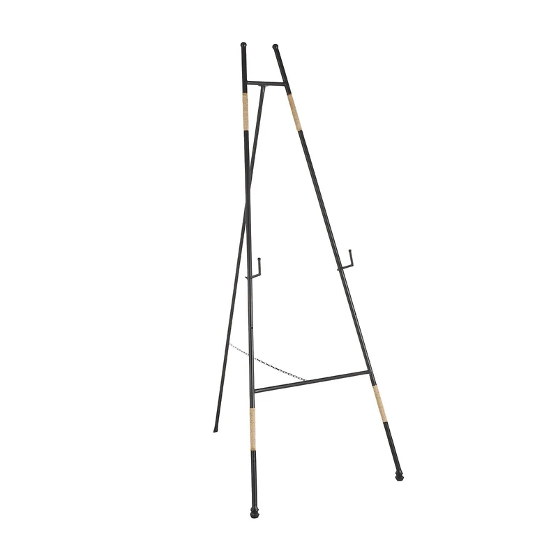 53.5" Black Metal Slim Foldable 2-Tier Easel with Wrapped Rattan Accents