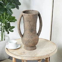 15" Dark Brown Ceramic Handmade Textured Amphora Vase with Two Long Handles