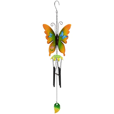 15.75" Orange & Green Metal Butterfly Outdoor Garden Windchime