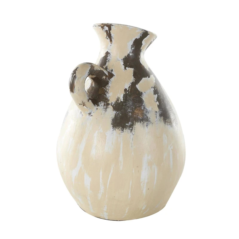 16.5" Cream Ceramic Vase with Curved Handle