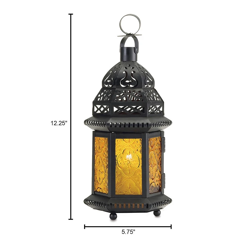 10" Black Moroccan Style Hanging Candle Lantern with Etched Yellow Glass