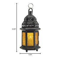 10" Black Moroccan Style Hanging Candle Lantern with Etched Yellow Glass