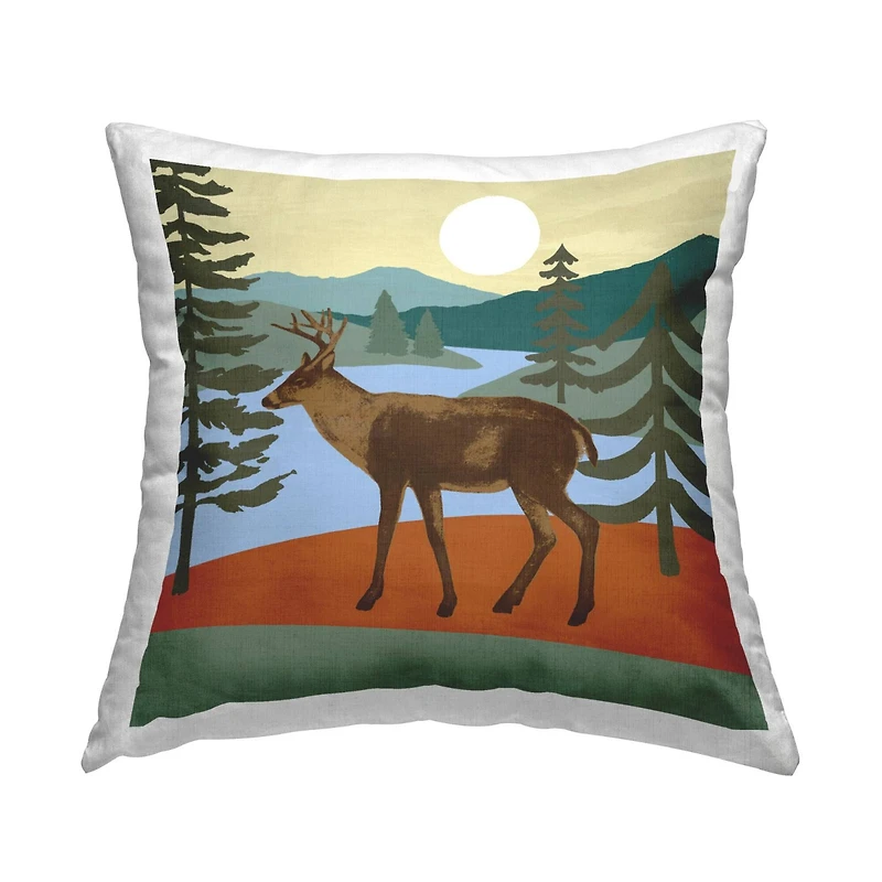 Stupell Industries Lakeside Mountain Peaks Woodland Forest Deer Throw Pillow, 18" x 18"
