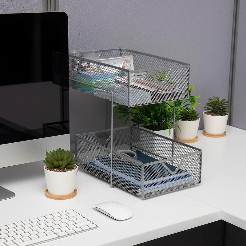 Mind Reader Network Collection 2-Tier Silver Sliding Basket Storage, 2ct.