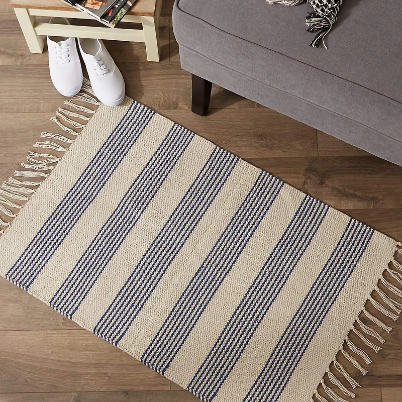 DII® French Blue Ticking Stripe Hand-Loomed Rug, 2ft. x 3ft.