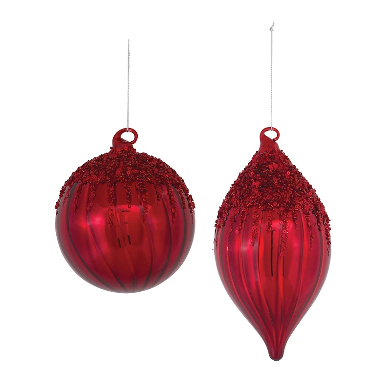 Sequined Red Glass Ball & Teardrop Ornament Set