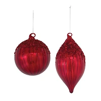 Sequined Red Glass Ball & Teardrop Ornament Set