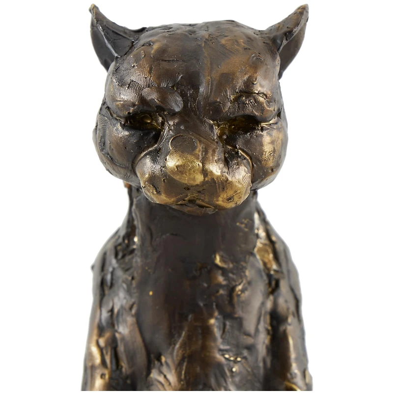 19" Bronze Polystone Distressed Textured Sitting Leopard Sculpture with Cutouts & Gold Accents