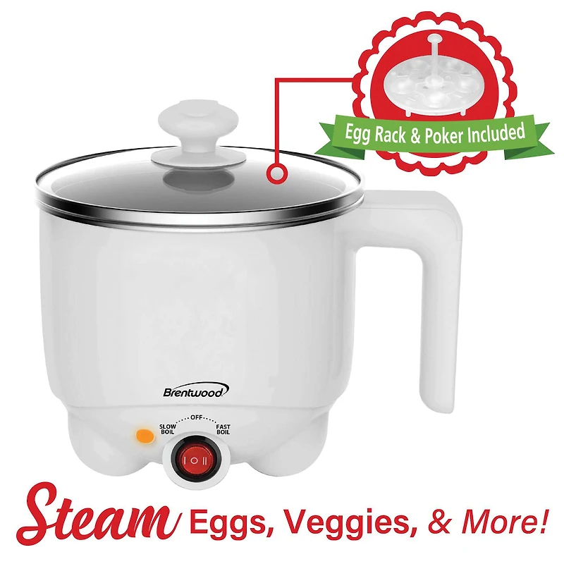 Brentwood White 1.1qt. 400 Watt Stainless Steel Electric Hot Pot Cooker & Food Steamer