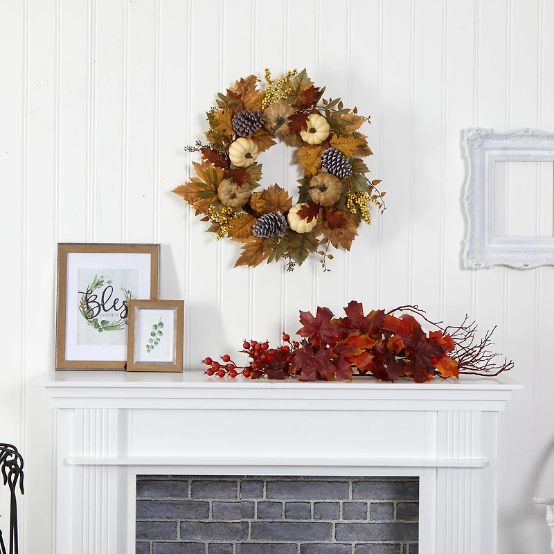 24" Fall Pumpkins, Pinecones & Berries Wreath