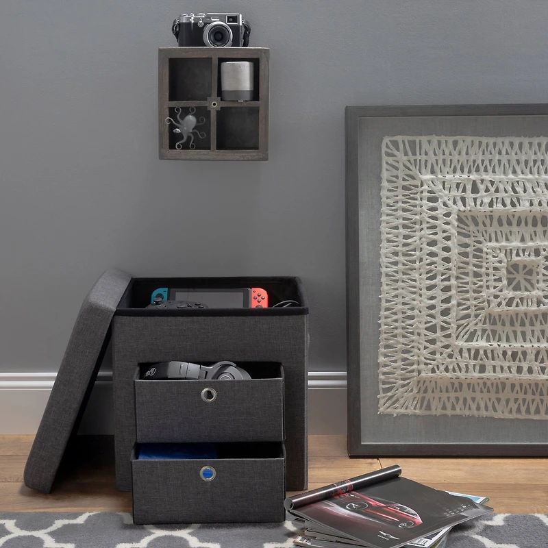 Simplify Gray 2 Drawer Collapsible Storage Ottoman
