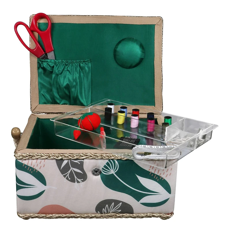 SINGER® Large Tan Organic Print Sewing Basket with Sewing Scissors & Notions