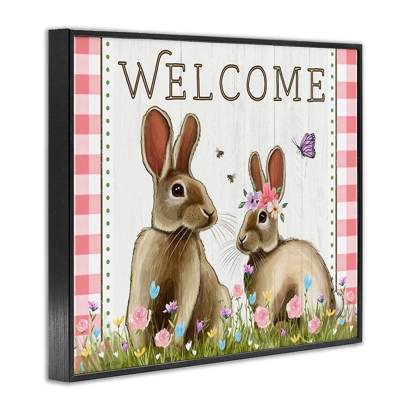 Stupell Industries Welcome Plaid Spring Garden Rabbits Framed Giclee Art