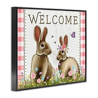 Stupell Industries Welcome Plaid Spring Garden Rabbits Framed Giclee Art