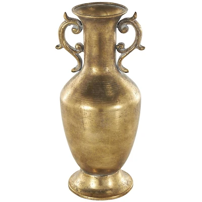 Gold Metal Weathered Vintage Amphora Decorative Vase with Scroll Handles