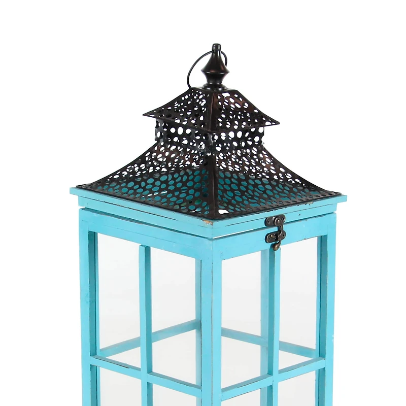 Set of 2" Turquoise Wood Coastal Lantern, 21", 26"