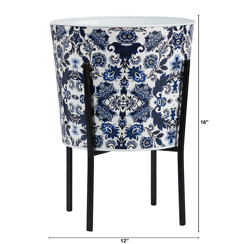 16" Oriental Blue and White Classic Round Metal Planter with Stand