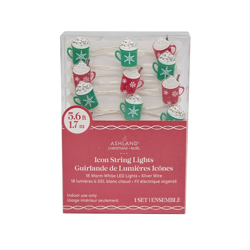 18ct. Warm White LED Hot Cocoa Snowflake Mug String Lights on Silver Wire by Ashland®