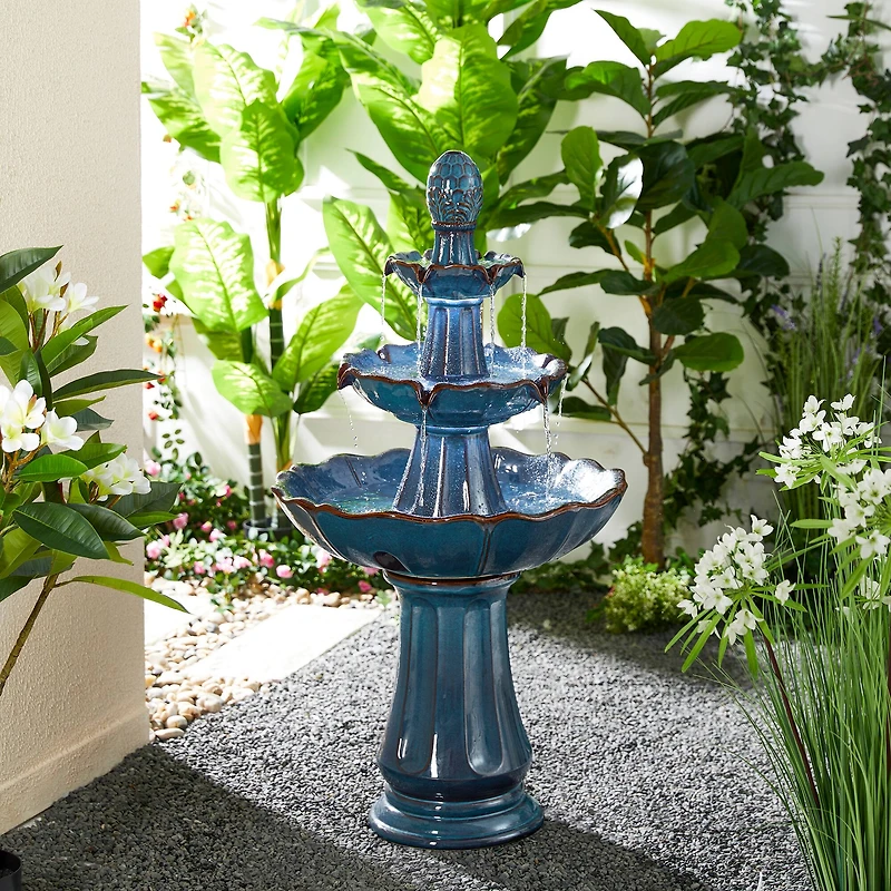 Glitzhome® 45" 3-Tier LED Turquoise Pedestal Lotus Ceramic Outdoor Floor Fountain
