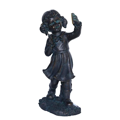 18" Distressed Black & Bronze Girl with Cell Phone Solar Powered LED Outdoor Garden Statue
