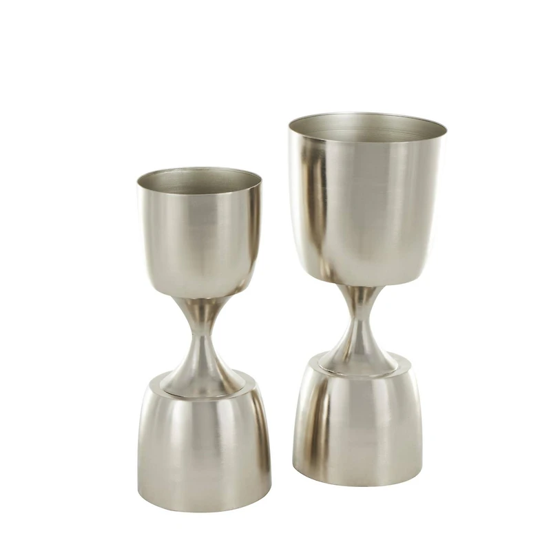 Silver Hourglass Shaped Metal Planter Set with Elevated Base