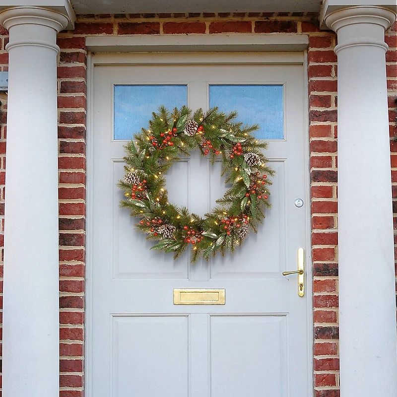24" Frosted Pine Berry Collection Wreaths with Pine Cones, Red Berries, Silver Glittered Eucalyptus Leaves & Warm White LED Lights
