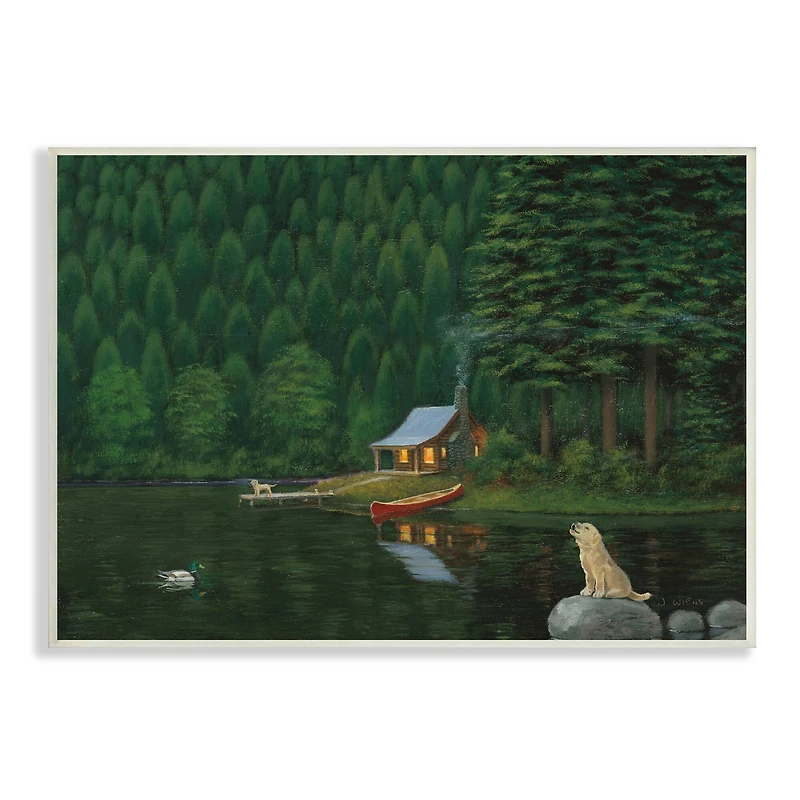 Stupell Industries Log Cabin Lakehouse Scene Pet Dogs Tree Forest Wall Plaque