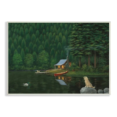 Stupell Industries Log Cabin Lakehouse Scene Pet Dogs Tree Forest Wall Plaque
