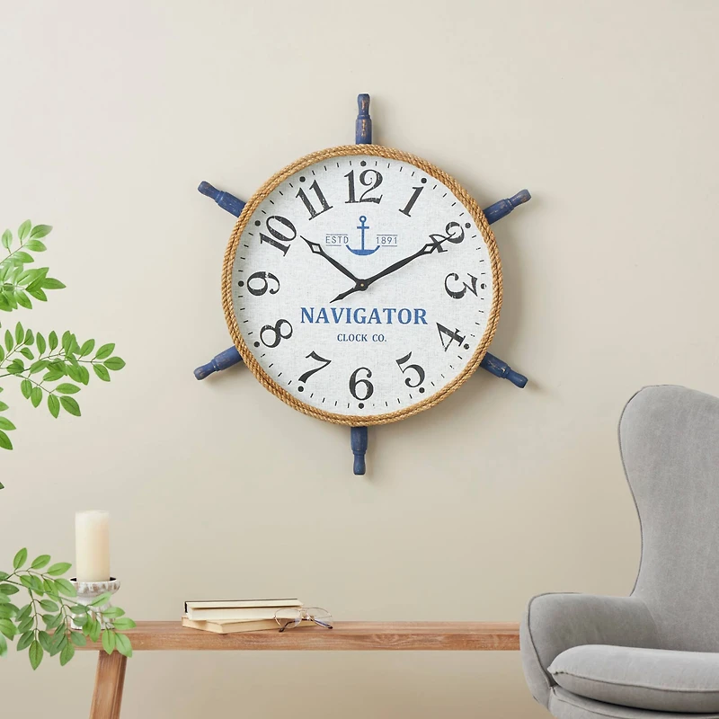 33" White & Blue Wood & Rope Ship Wheel Decorative Wall Clock