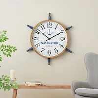 33" White & Blue Wood & Rope Ship Wheel Decorative Wall Clock