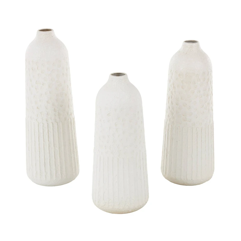 White Metal Textured Decorative Vase with Honeycomb Pattern Set