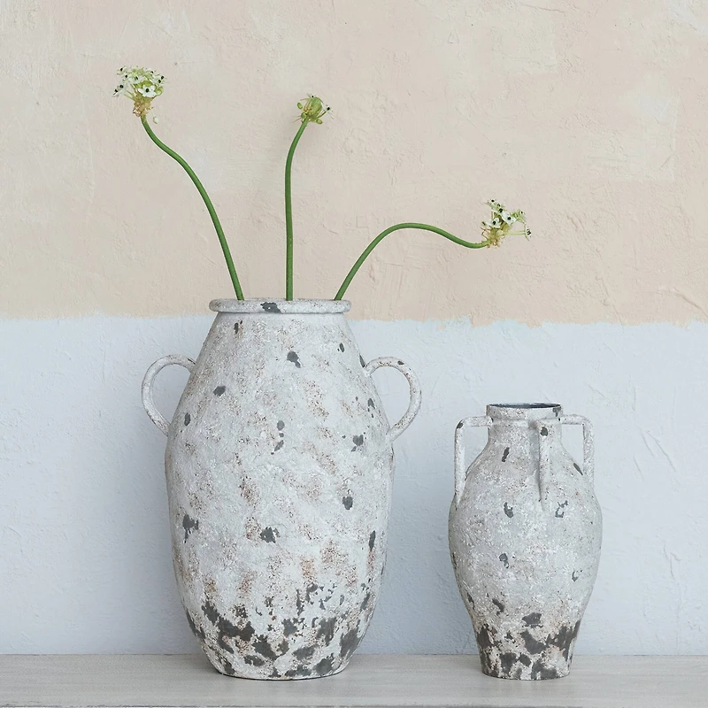 Hello Honey® 15.25" White Decorative Metal Urn with Handles & Heavily Distressed Finish