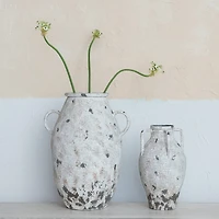 Hello Honey® 15.25" White Decorative Metal Urn with Handles & Heavily Distressed Finish